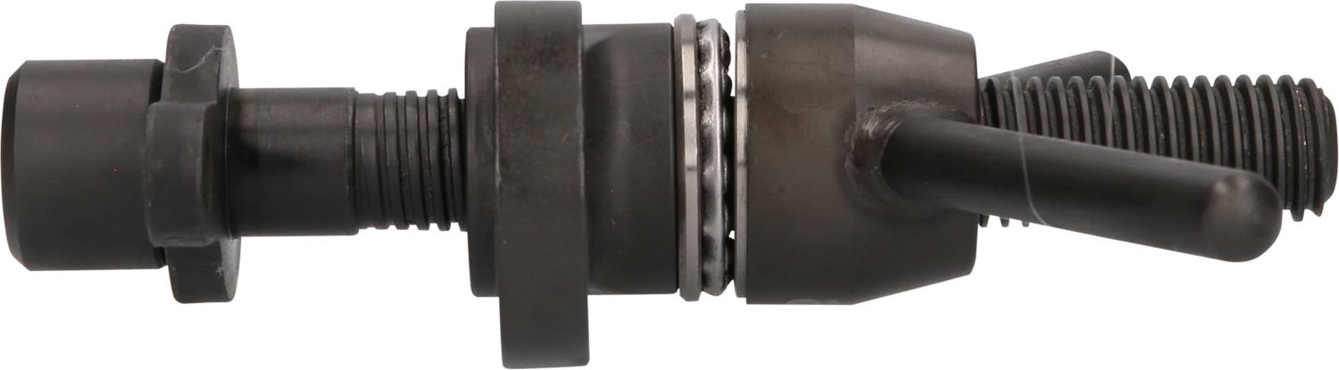 Ein schwarzer Metallbolzen mit mehreren Gewinden und zwei hervorstehenden Stiften, verwendet für mechanische Verbindungen.