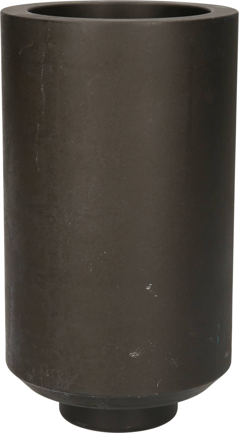 Ein zylindrisches, mattschwarzes Gefäß mit glatter Oberfläche. Es hat eine schlichte, funktionale Form und keine Verzierungen.