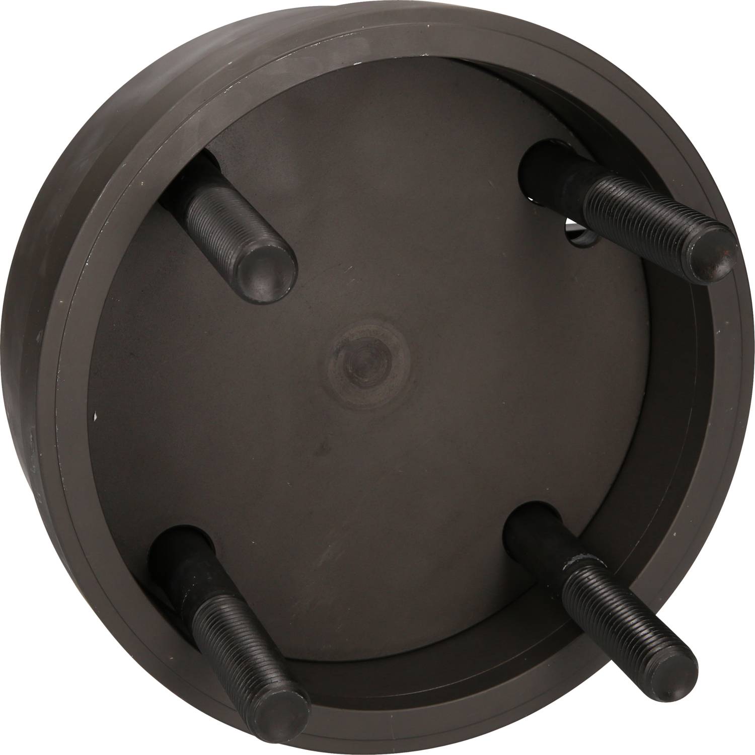Ein schwarzes, zylindrisches Metallwerkzeug mit vier gleichmäßig verteilten Bolzen. Verwendet für industrielle Anwendungen oder Reparaturen.