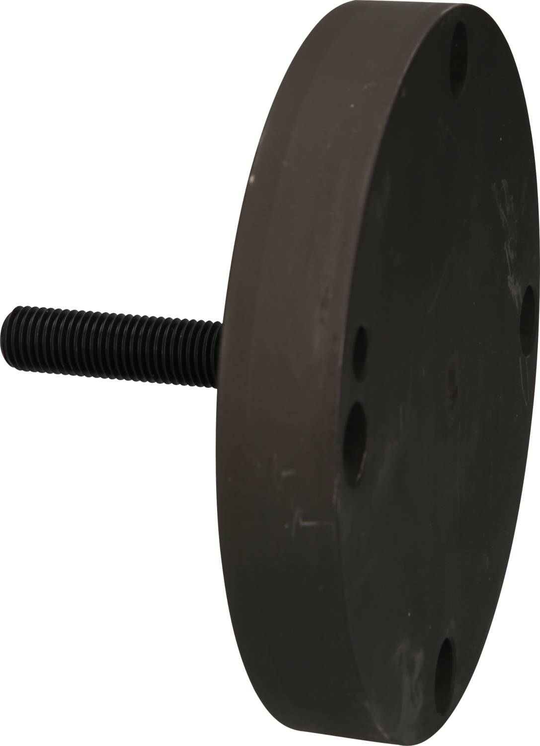 Schwarzer runder Metallflansch mit zentraler Schraube.