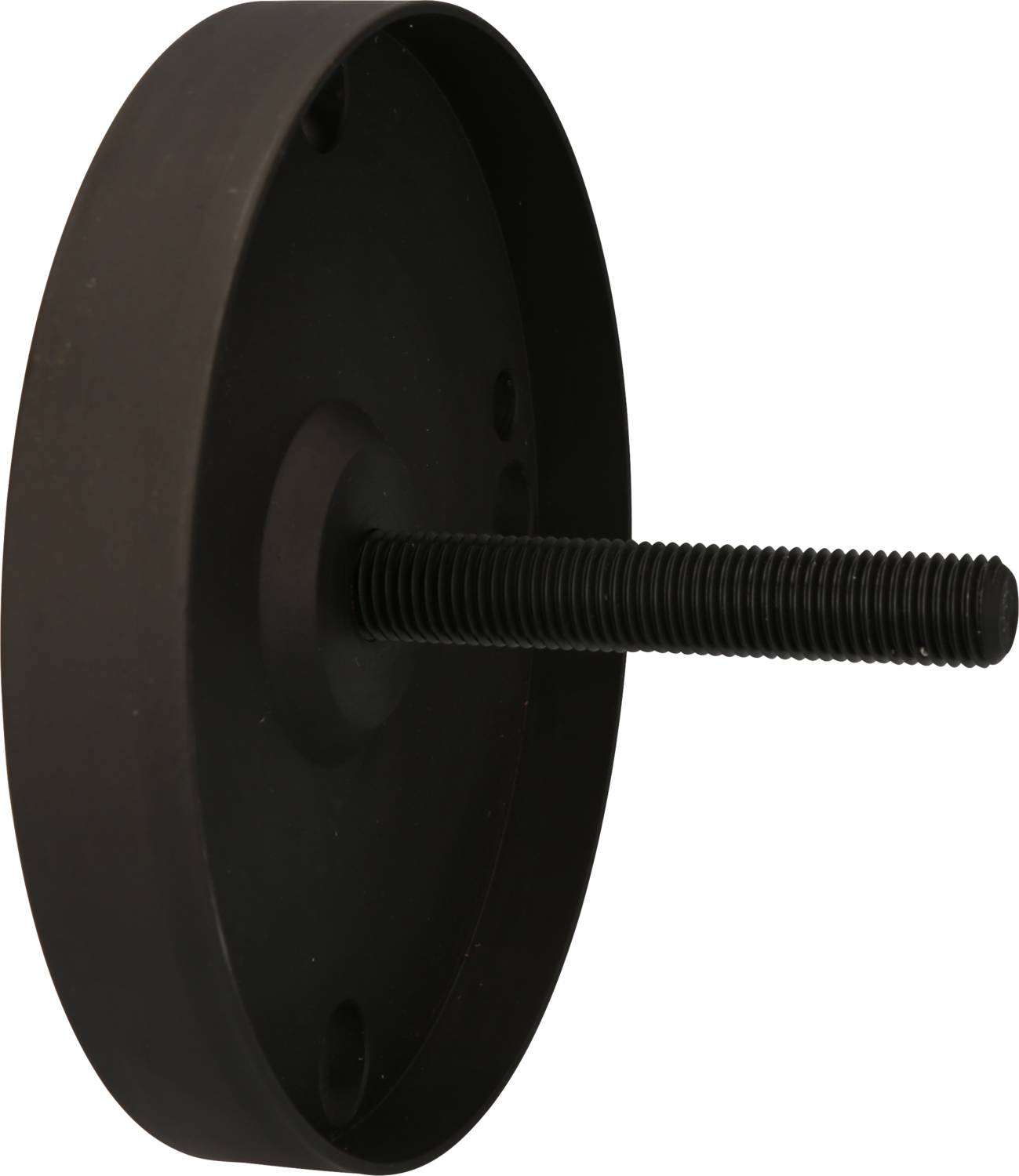 Schwarzes rundes Bauteil mit Schraubengewinde, seitlicher Blickwinkel.