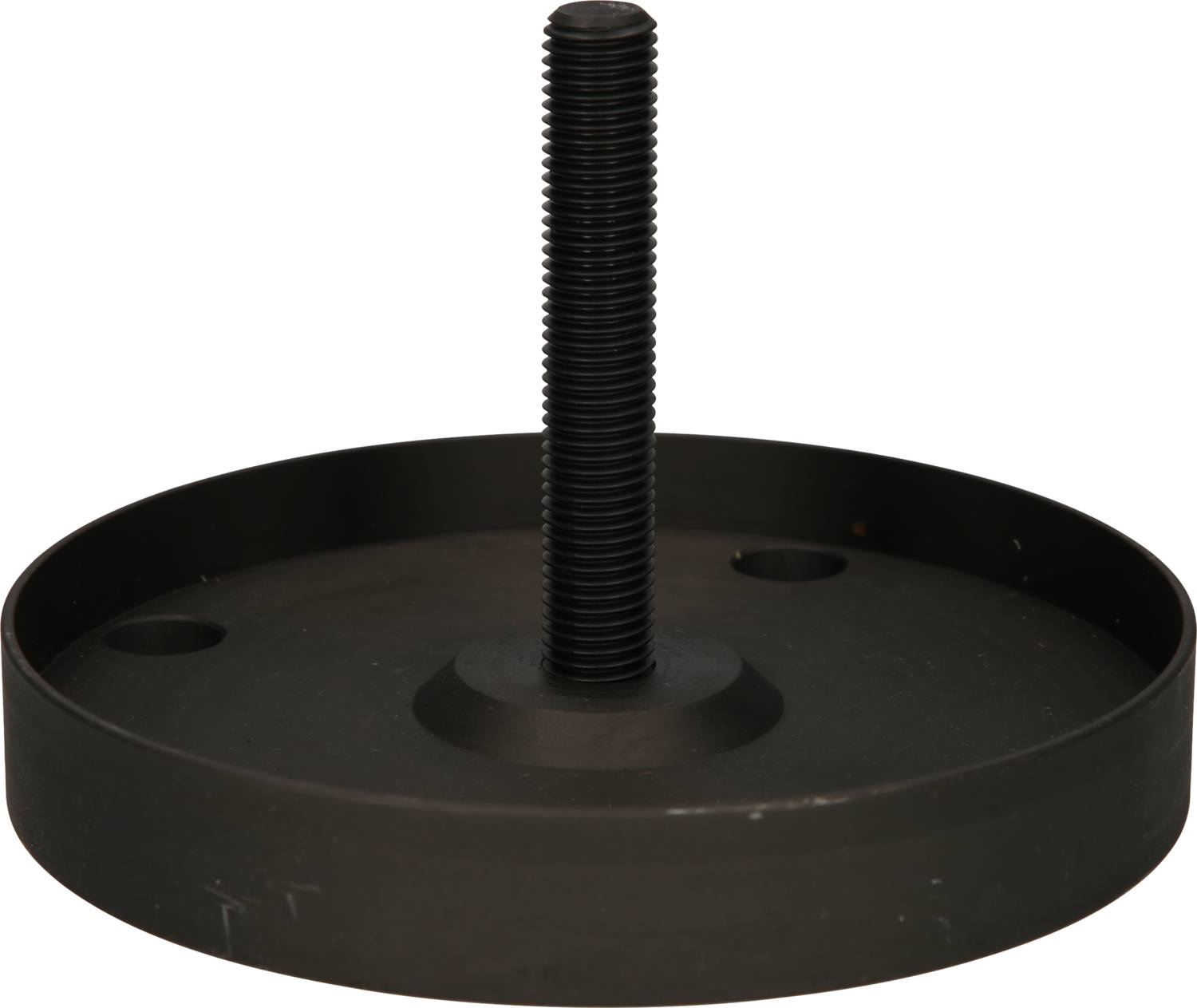 Runde schwarze Metallbasis mit zentralem Gewinde, dient als verstellbare Stütze oder Basis in industriellen oder handwerklichen Anwendungen.