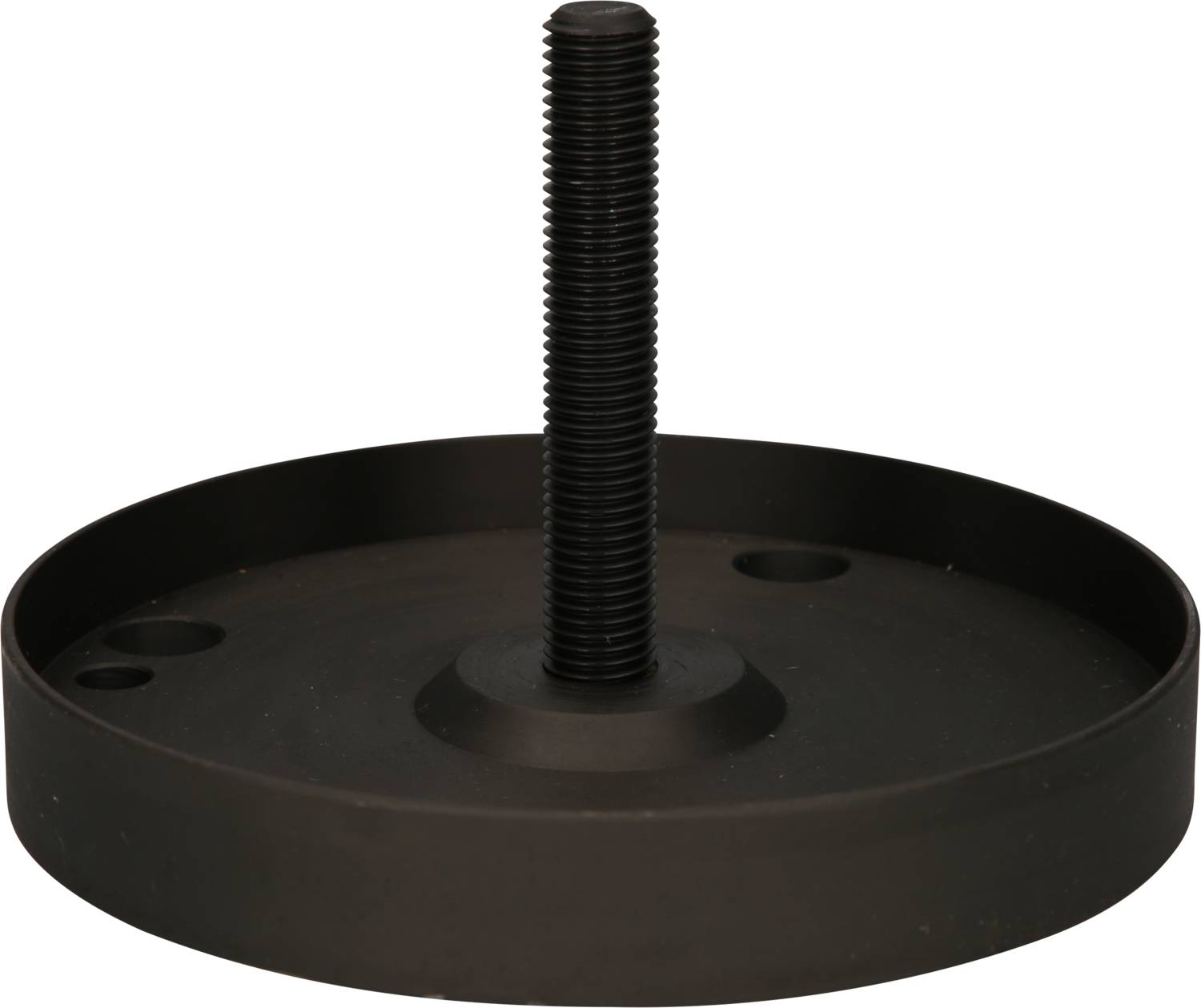 Schwarze, runde Metallbasis mit einer vertikalen, gewindetragenden Stange in der Mitte, möglicherweise ein Verstellfuß.