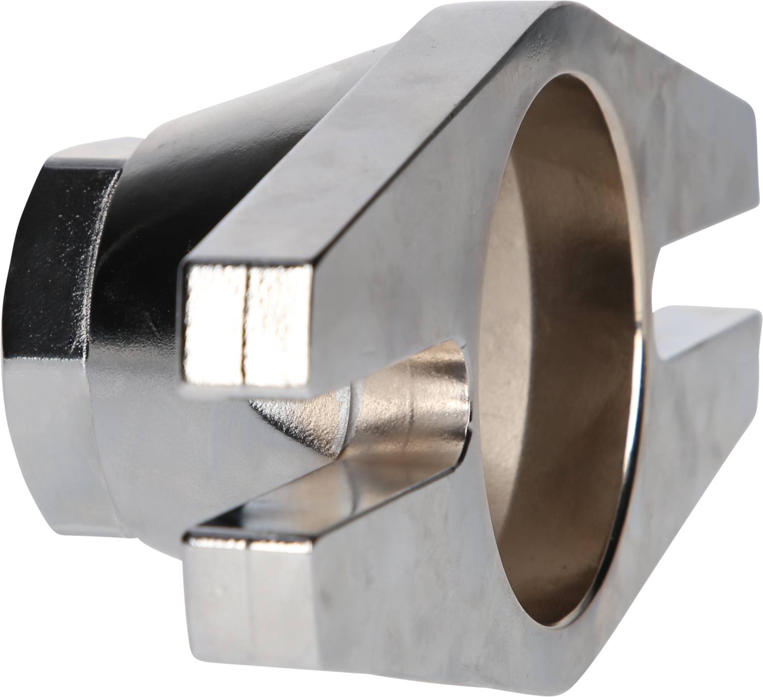 Metallteil mit sechseckiger Basis und runder Öffnung. Zwei parallele, gleichmäßige Zinken erstrecken sich von der Basis.