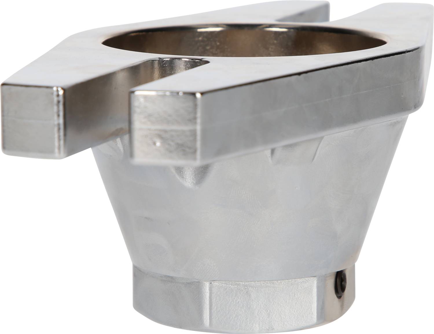 Metallisches Maschinenbauteil mit einer kreisförmigen Öffnung, umgeben von zwei parallel verlaufenden Armen.
