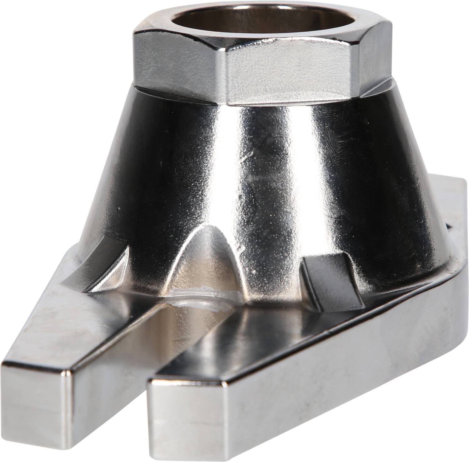 Metallstück mit sechseckiger Mutter und konischem Sockel, zwei rechteckige Stifte an der Basis. Hochglanzpolierte Oberfläche.