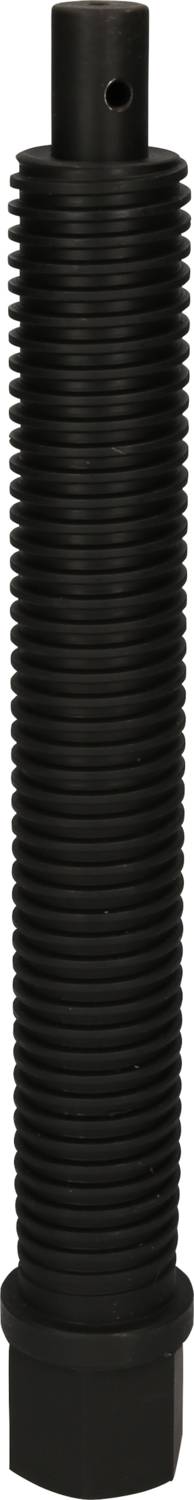 Schwarzes, geripptes, zylindrisches Objekt mit Loch oben, wahrscheinlich mechanisches Bauteil oder Dämpfungselement.