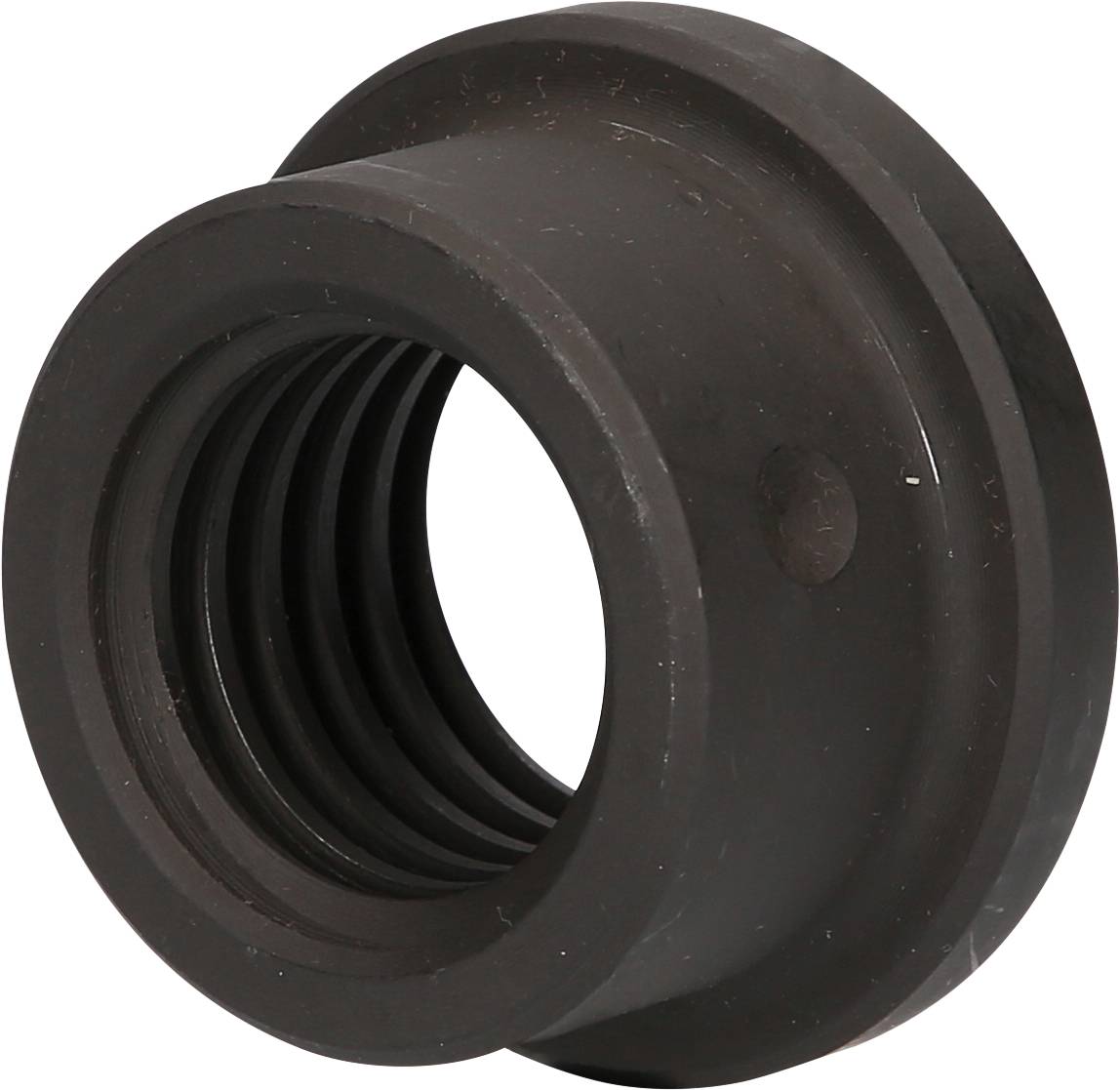 Metallmutter mit Innengewinde, zylindrische Form, zur Befestigung von Schrauben geeignet, dunkle Oberfläche.