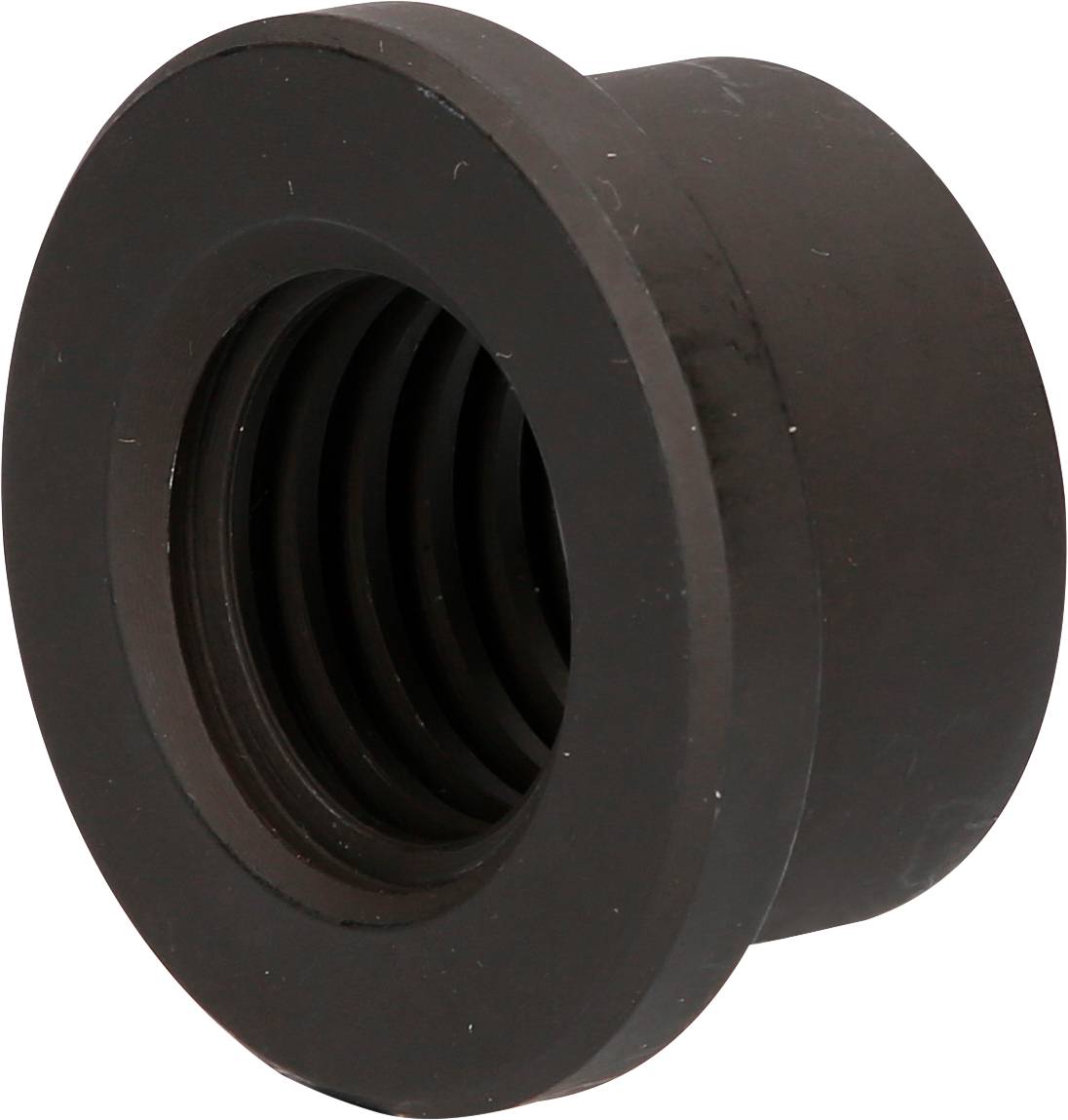 Schwarzes, zylindrisches Gewindeelement mit breitem Flansch. Verwendung in mechanischen Verbindungen zur Befestigung oder Anpassung.