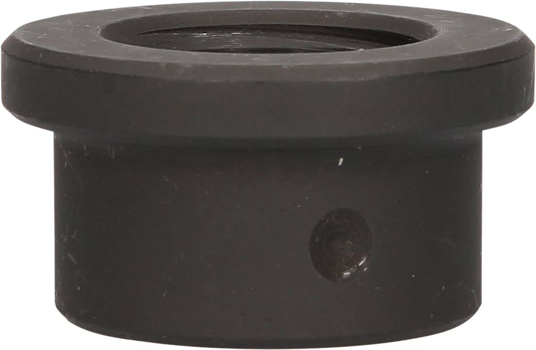Ein schwarzes Metallteil mit zylindrischer Form und flachem Rand. Es könnte als Verbindungselement in mechanischen oder technischen Anwendungen dienen.