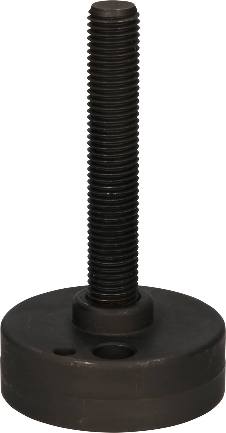 Runde schwarze Stellschraube mit langem Gewinde. Sie wird oft zur präzisen Höhenverstellung in Maschinen oder Möbeln verwendet.