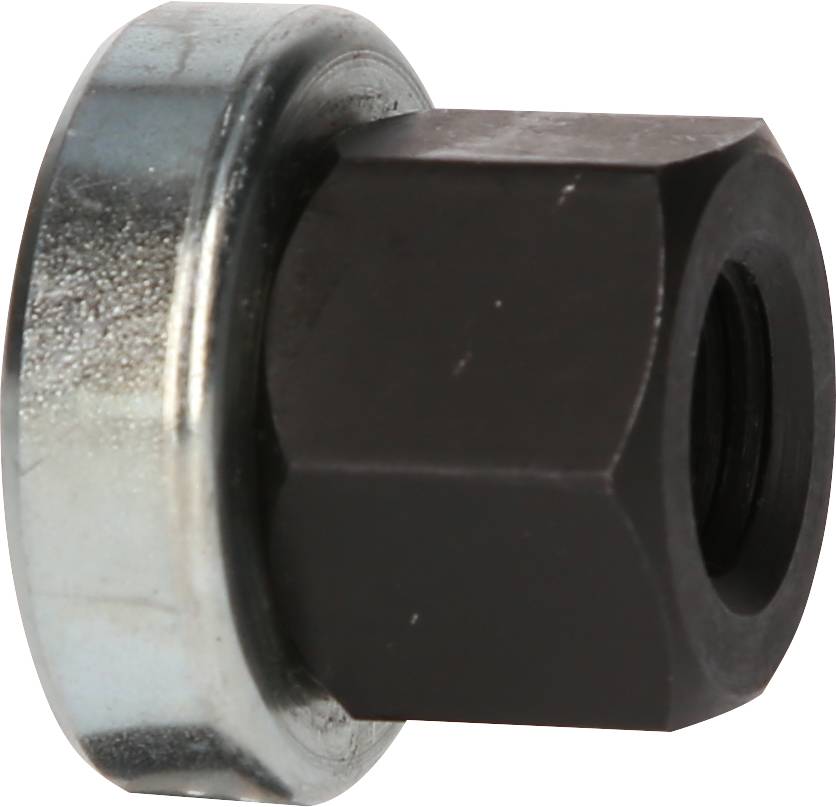 Ein sechseckiger Schraubenmetallaufsatz neben einer silbernen Unterlegscheibe, die miteinander verbunden sind.