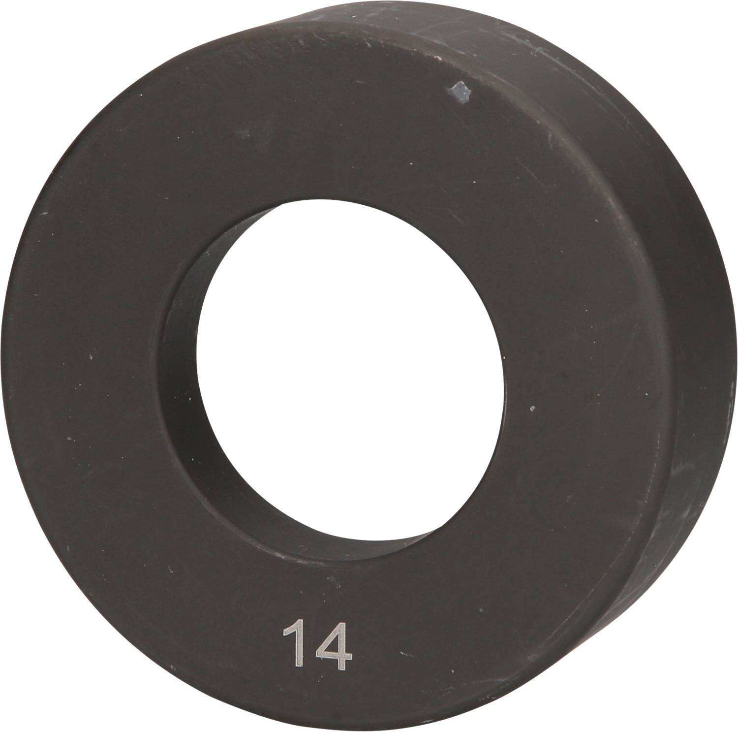 Ein schwarzer, runder Magnet mit einem Loch in der Mitte, beschriftet mit der Zahl '14'.