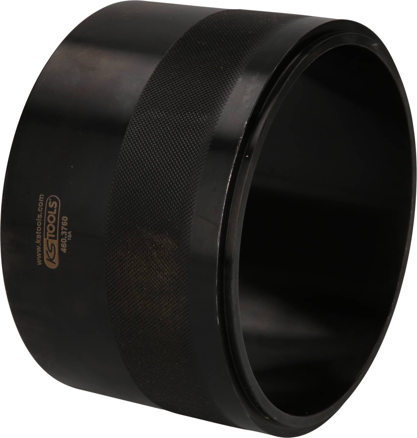 Ein schwarzer, zylindrischer Spannring mit geriffelter Oberfläche und Firmenlogo, verwendet in mechanischen Anwendungen.