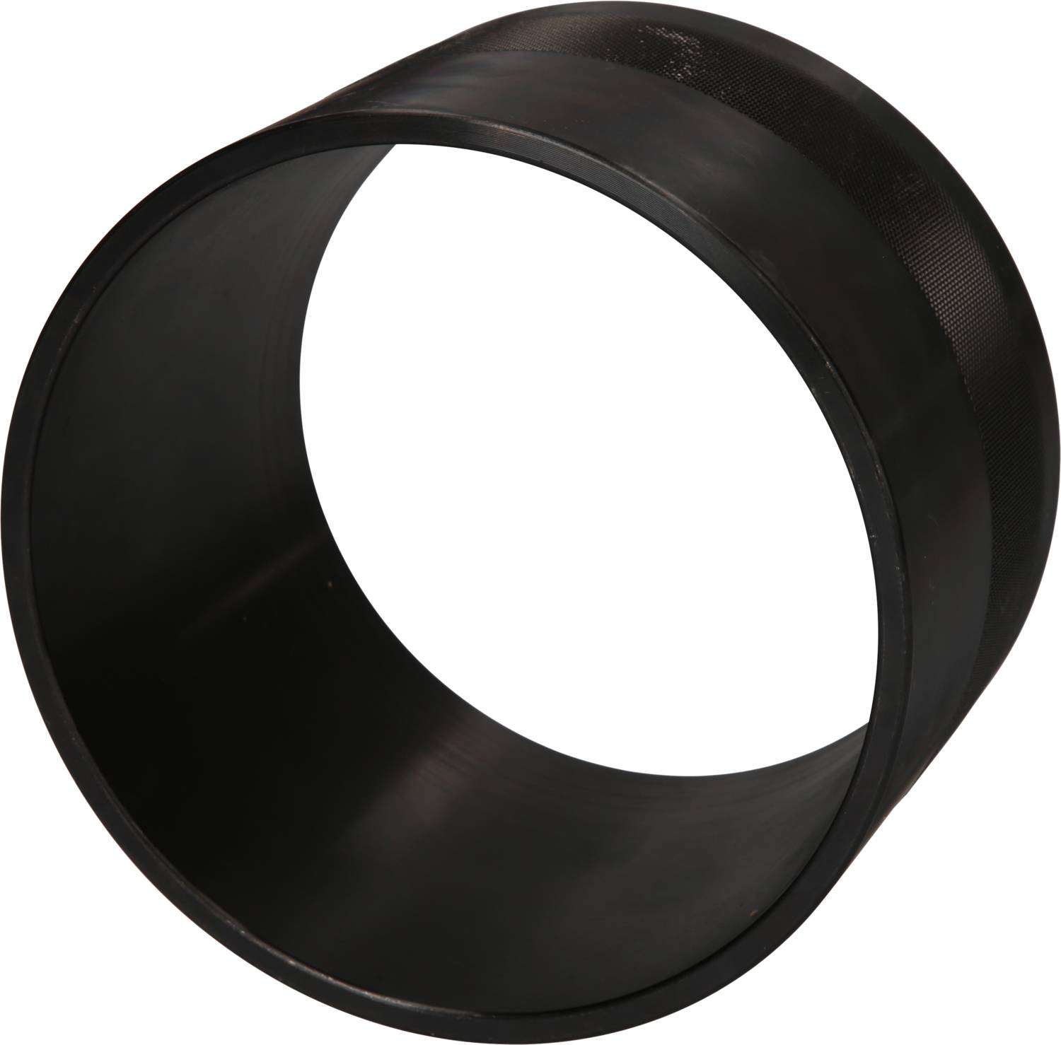 Ein schwarzer, zylinderförmiger Ring aus Kunststoff, schräg abfotografiert, möglicherweise ein Maschinenteil oder eine Dichtung.