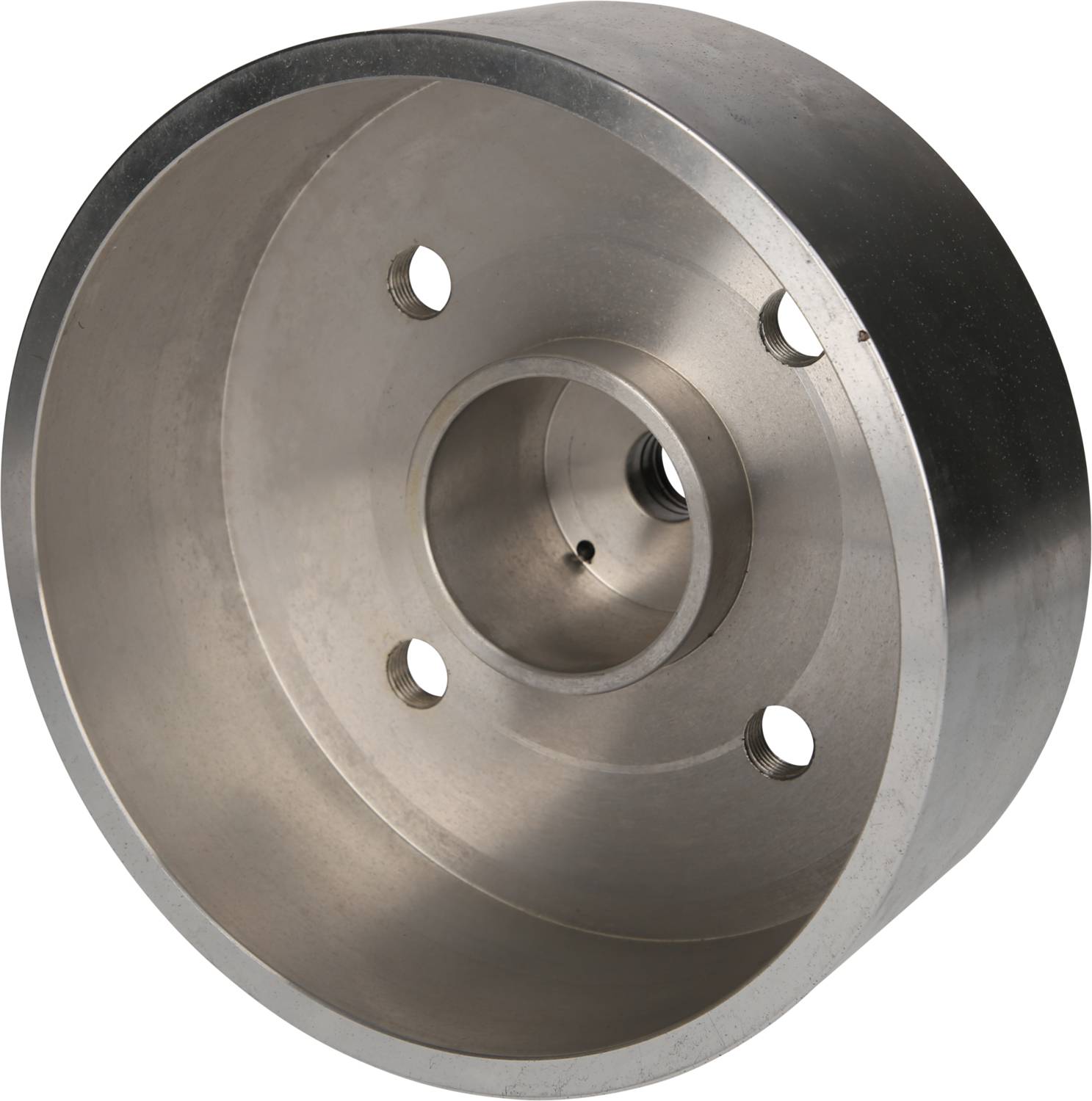 Metallische Scheibe mit zentraler Bohrung und vier umgebenden Löchern, möglicherweise Teil einer Maschine oder Konstruktion.