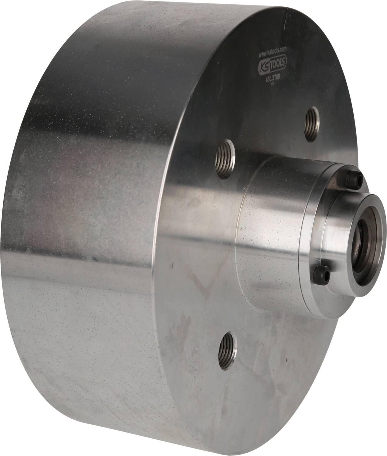 Metallzylinder mit Schraublöchern und zentrischem Aufsatz. Zweck und Anwendung unbekannt.
