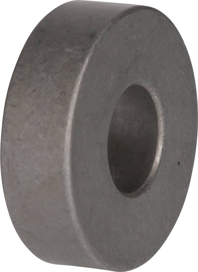 Ein flacher, kreisförmiger Metallmagnet mit einem Loch in der Mitte.