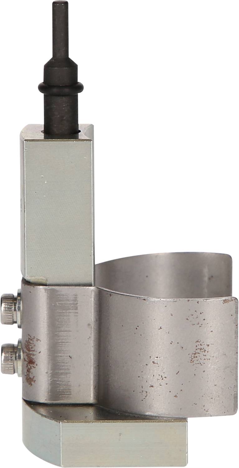 Ein metallisches Werkzeug mit zwei Schrauben, zylindrischem Griff und einer Klemme. Used for precise positioning in mechanical applications.