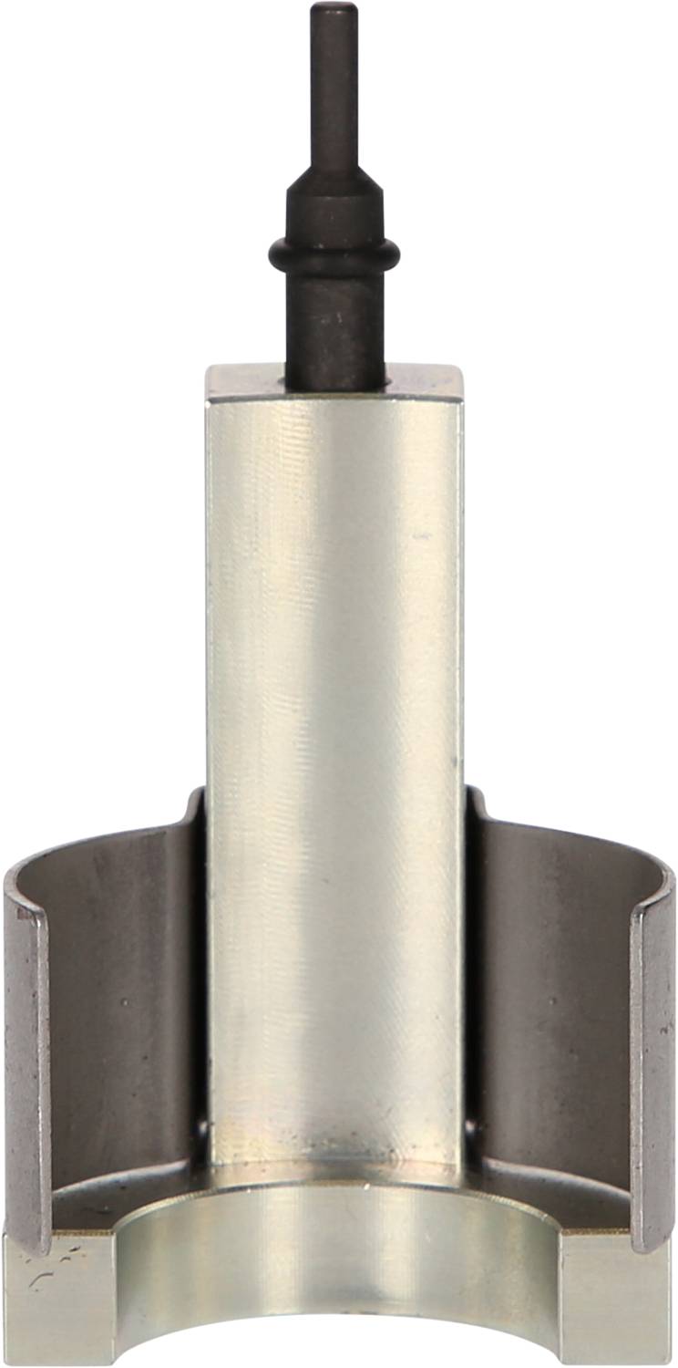 Metallisches Bauteil mit einem zylindrischen Körper und einem Zapfen an der Spitze, vermutlich Teil einer industriellen Maschine.