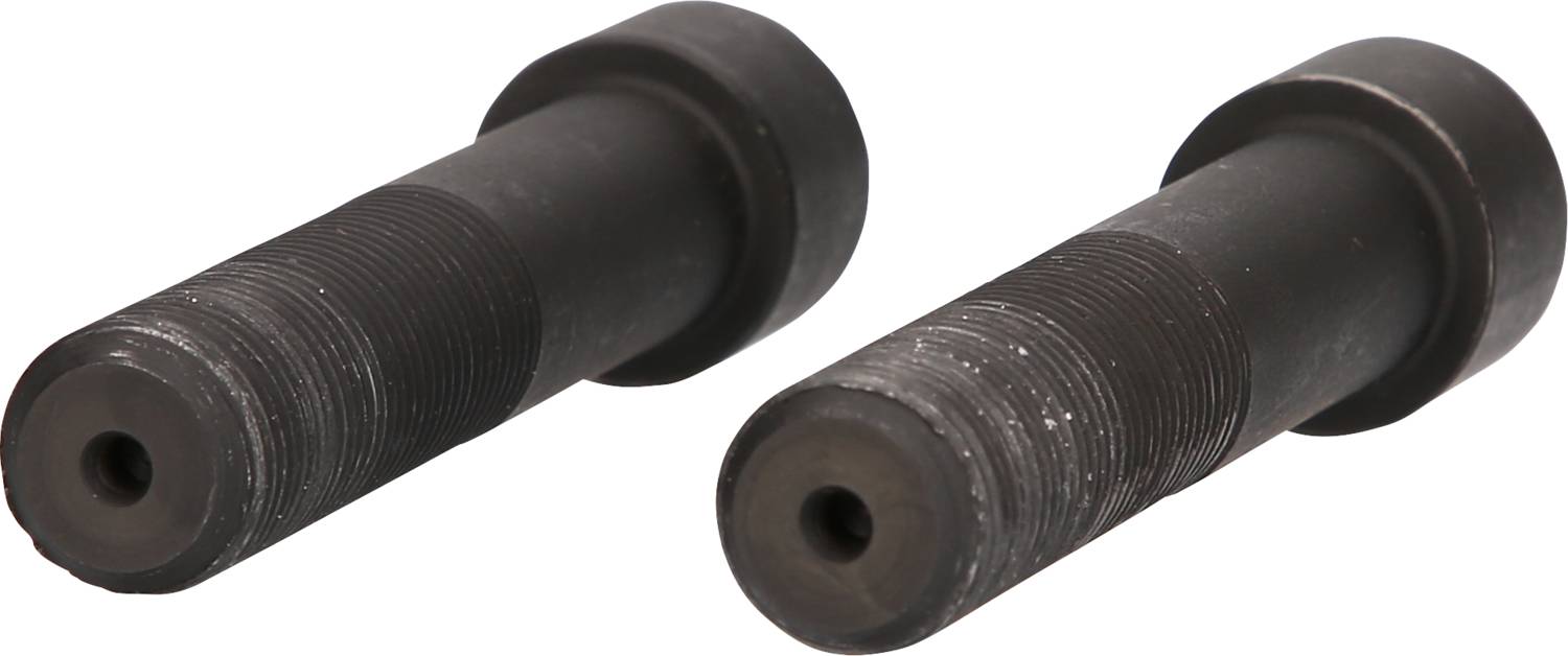 Zwei schwarze, zylindrische Metallbolzen mit Gewinde, nebeneinander liegend.