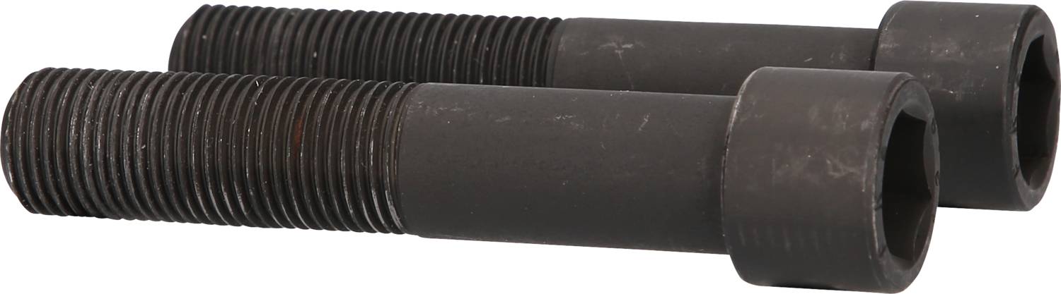 Zwei schwarze Schrauben mit Sechskantkopf liegen parallel nebeneinander. Sie haben grobe Gewinde am unteren Ende.