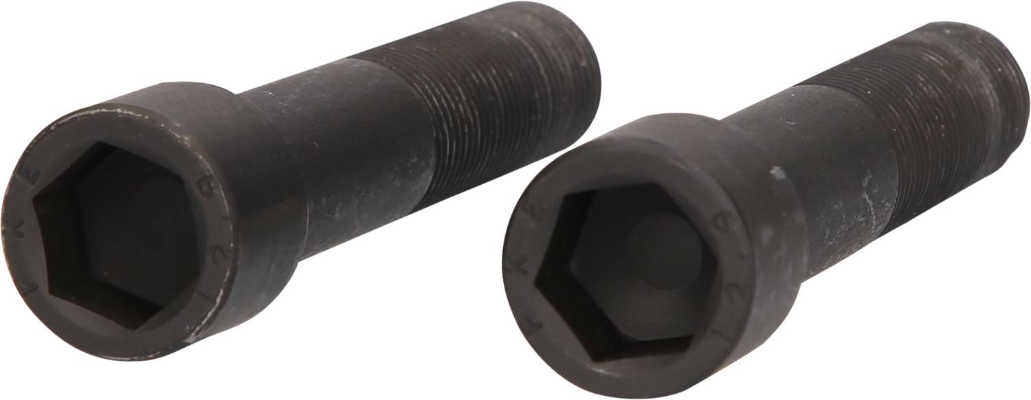 Zwei schwarze Sechskantschrauben aus Metall liegen nebeneinander. Sie haben ein Innengewinde am Ende und sind leicht abgenutzt.