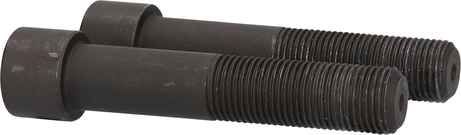Zwei schwarze Schrauben mit Flachkopf und durchgehendem Gewinde liegen parallel nebeneinander auf einer hellen Fläche.