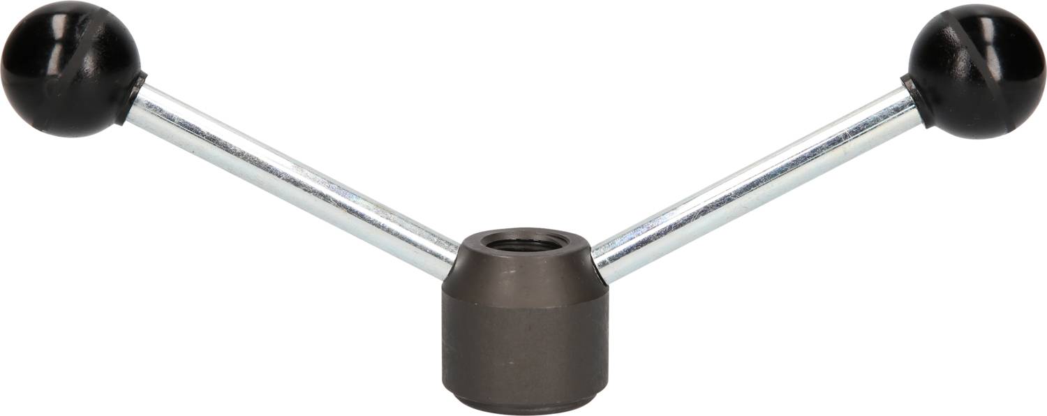 Ein T-griff mit zwei schwarz-kugelförmigen Enden, verbunden durch eine Metallstange, die an einem zentralen anthrazitfarbenen Drehkopf befestigt ist.