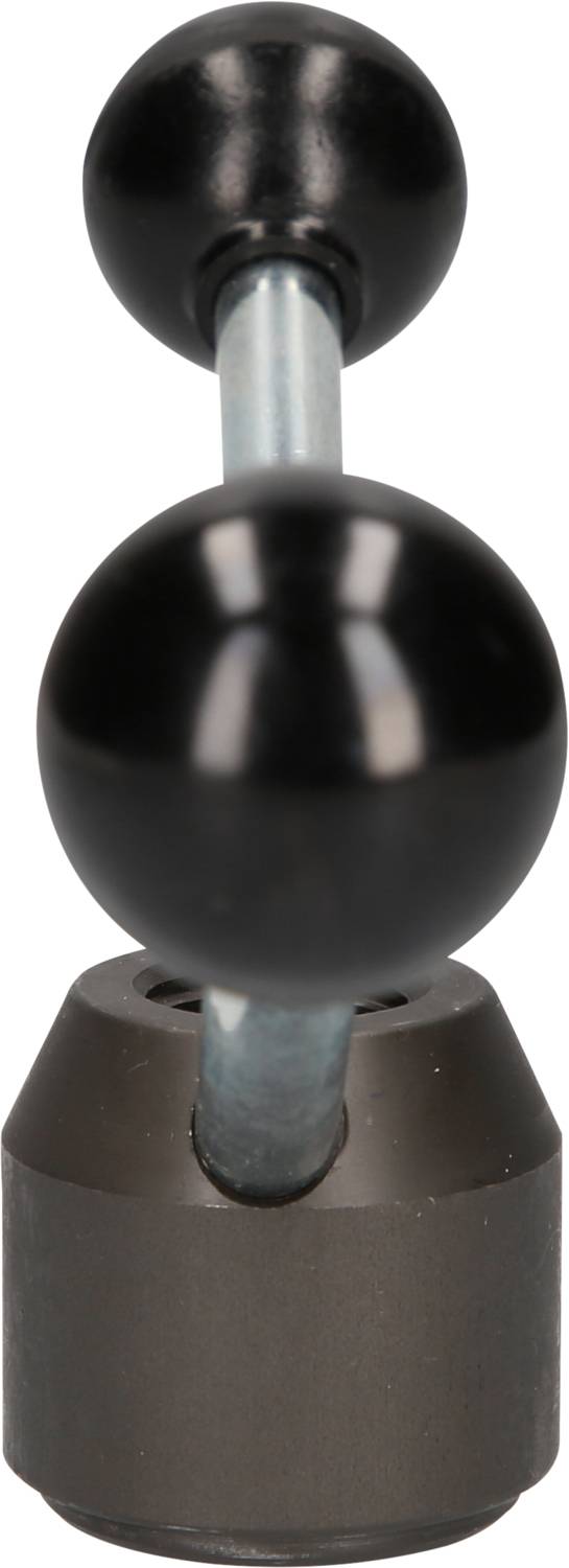 Ein schwarzes, kugelförmiges Gerät mit zwei runden Enden an einem Metallstab. Es scheint ein technisches Werkzeug zu sein.