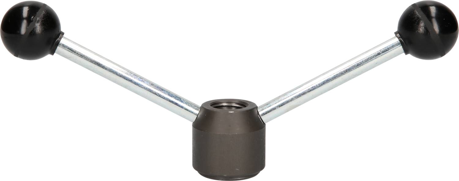 Ein grauer, metallischer Handgriff in Y-Form mit schwarzen Kugelenden, verwendet zum manuellen Bedienen von Maschinen oder Geräten.