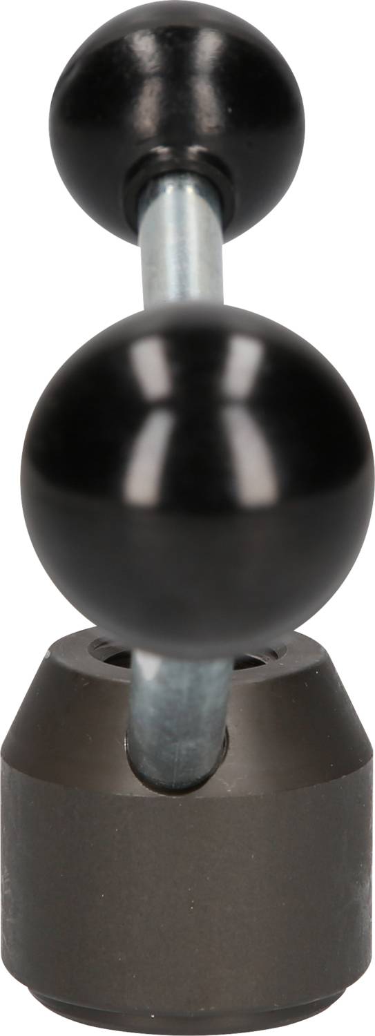 Ein schwarzes Werkzeug mit zwei Kugeln und einem Metallstab, möglicherweise ein Spannwerkzeug oder eine Halterung.