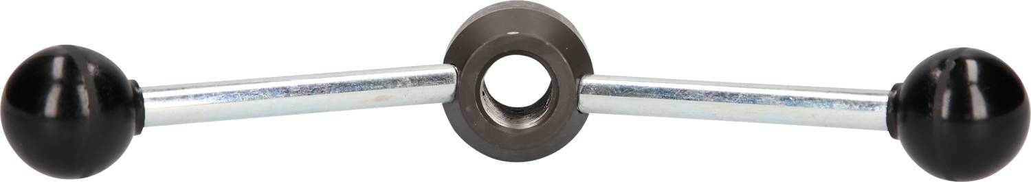 Metallischer Kreuzgriff mit zwei runden schwarzen Handgriffen an den Enden.