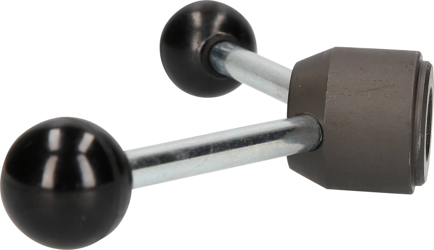 Metallstange mit zwei schwarzen Kugelgriffen an den Enden, vermutlich Teil eines Werkzeugs oder mechanischen Systems.