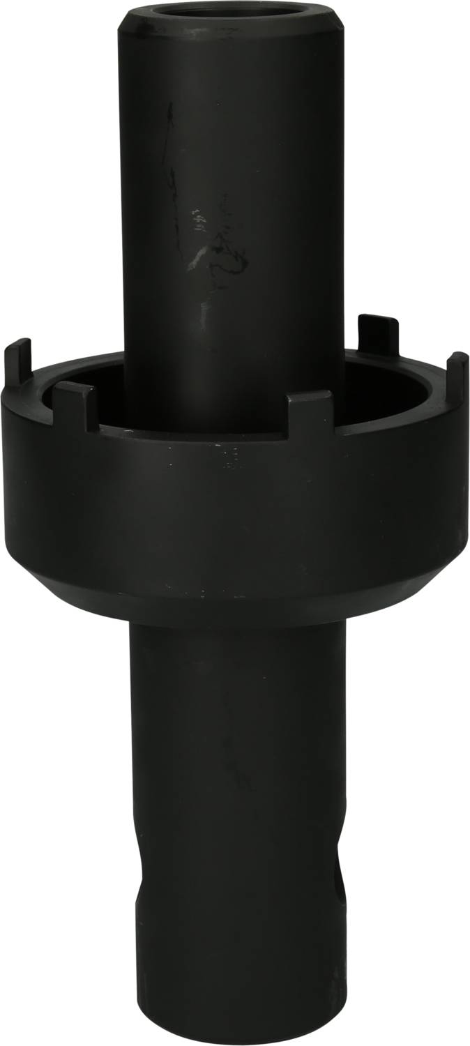 Schwarzes zylindrisches Metallwerkzeug mit gezacktem Ring und langem Schaft, wahrscheinlich für spezielle mechanische Anwendungen.