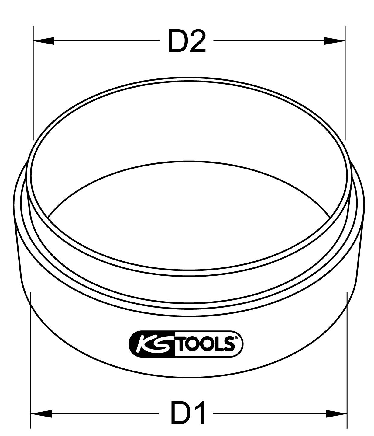 Zeichnung eines runden Werkzeugs von KS Tools mit Durchmessern D1 und D2.