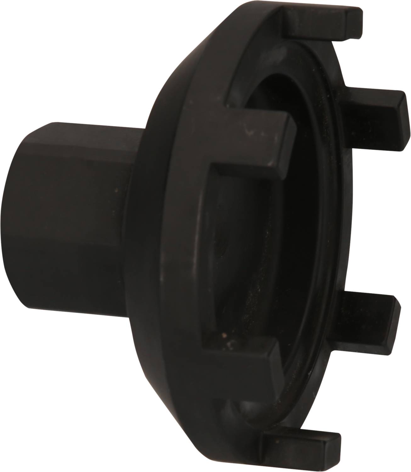 Schwarzes Metallwerkzeug mit vier kurzen zylindrischen Stiften, vermutlich ein Spezialwerkzeug für technische Anwendungen.