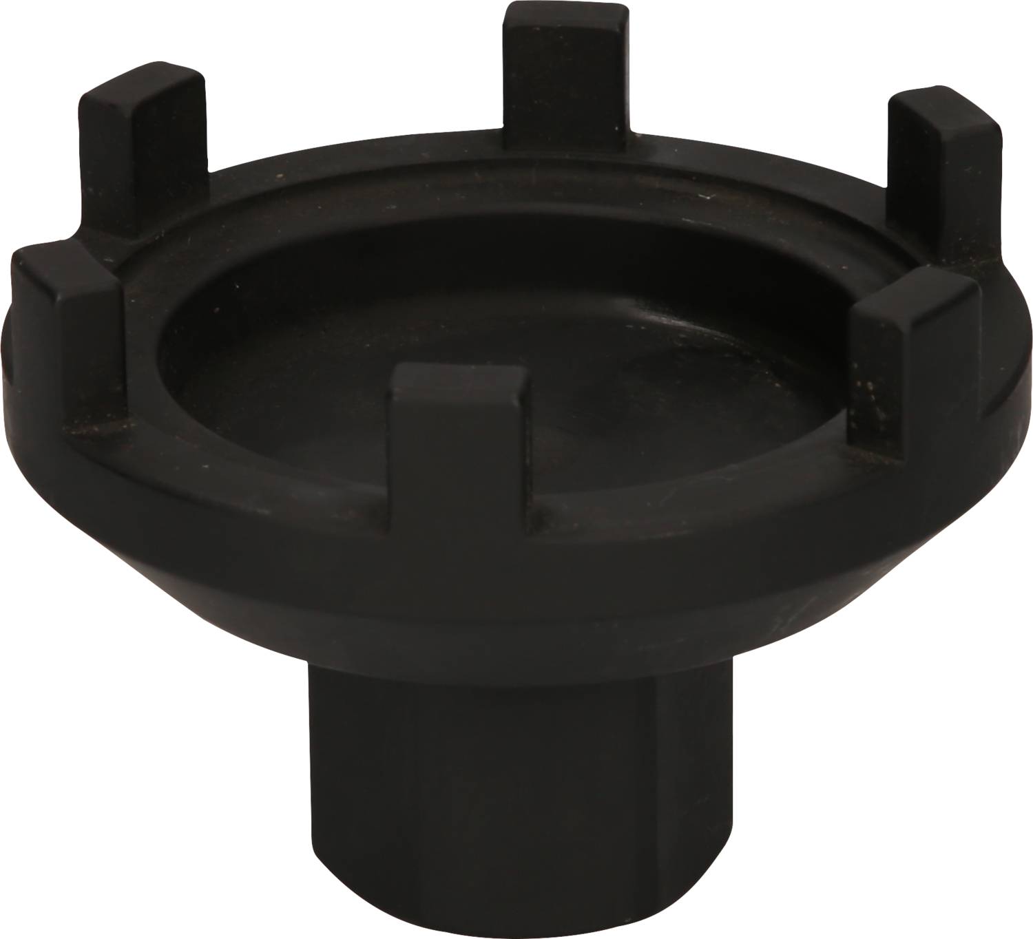 Schwarzes Metallwerkzeug mit fünf erhöhten Zacken, möglicherweise ein Spezialschlüssel oder Adapter, auf weißem Hintergrund.