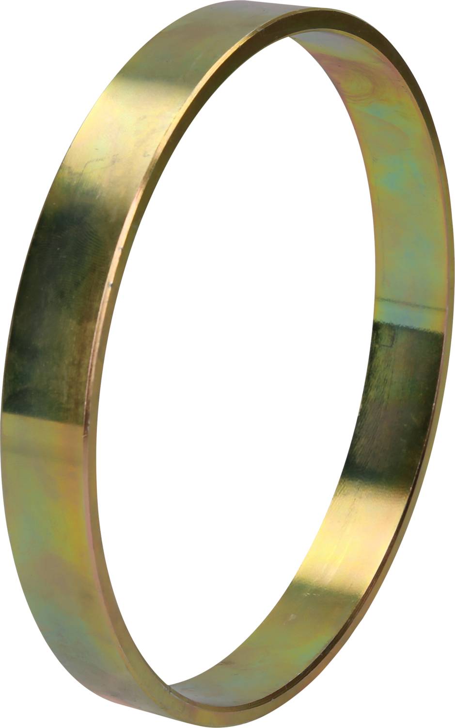 Ein metallischer Ring mit glatter, glänzender Oberfläche. Der Ring hat eine goldene Farbgebung und ist dünn und kreisförmig.