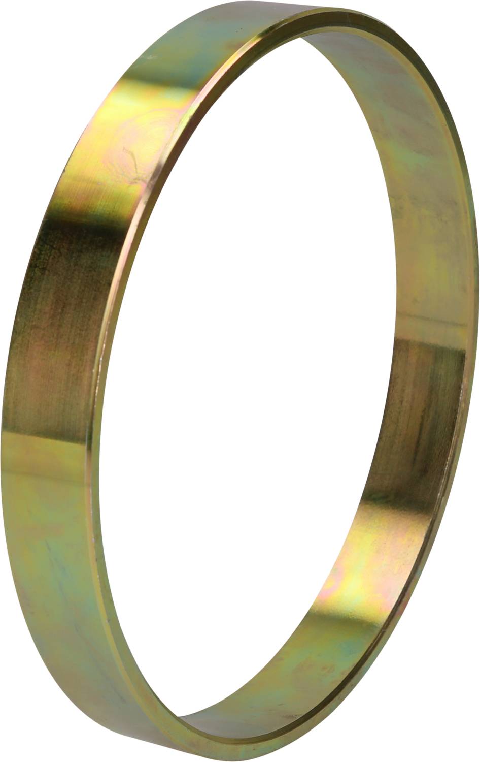 Ein dünner, metallischer Ring mit schimmernder, mehrfarbiger Oberfläche.