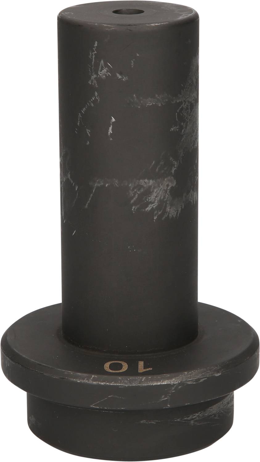 'Ein schwarzer zylindrischer Metallstempel mit der Zahl 10 am Sockel.'