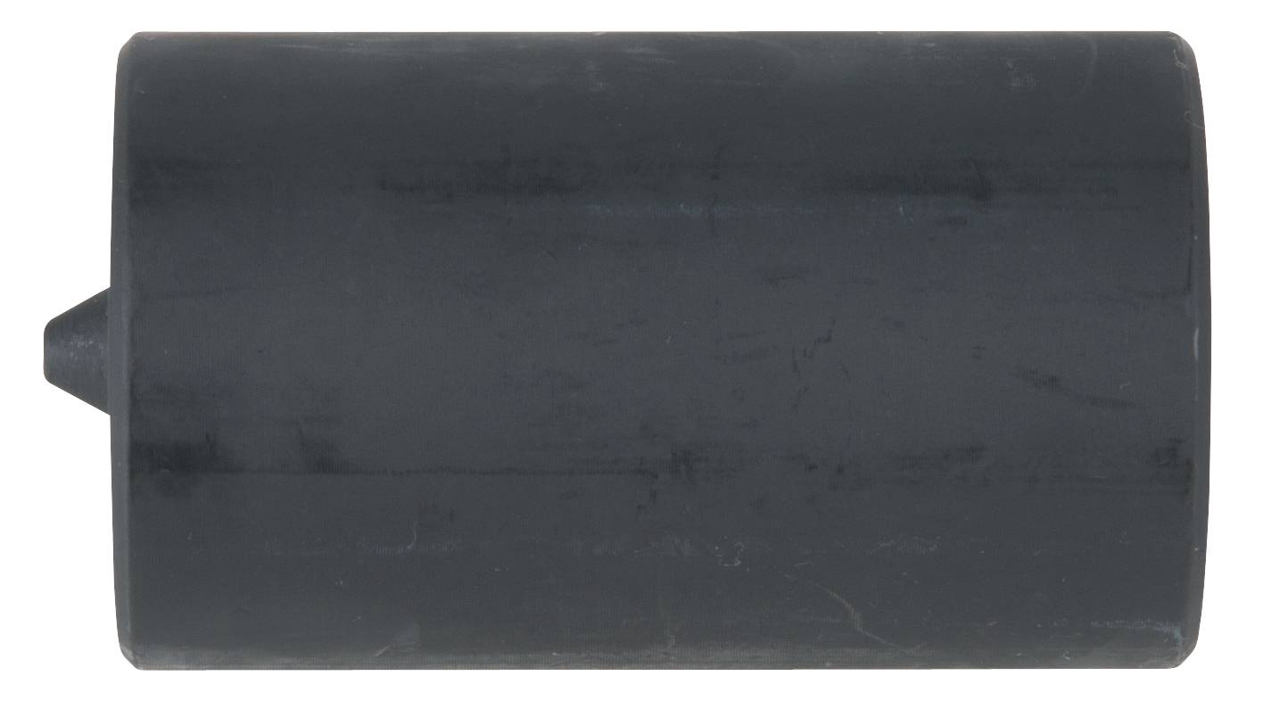 Ein zylindrisches, schwarzes Objekt mit einer kleinen Spitze an einer Seite. Es könnte ein technisches oder mechanisches Teil sein.