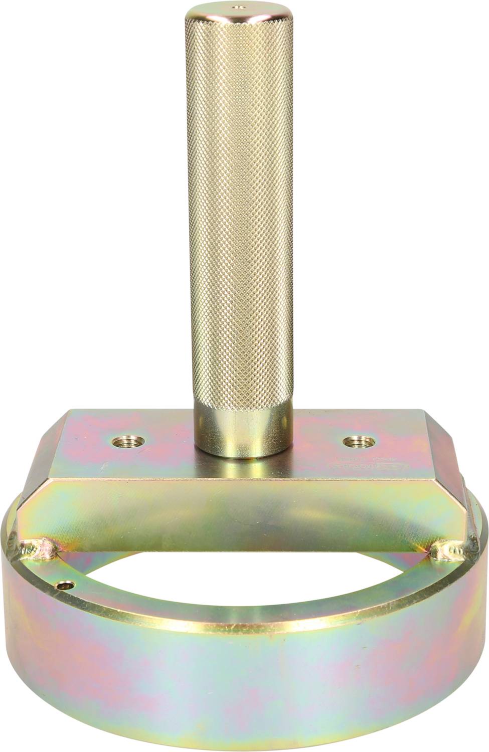 Ein metallischer Handgriff mit einem runden Rahmen unten, der vermutlich als Werkzeug oder Geräteteil dient.