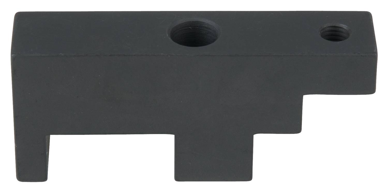 Schwarzes, rechteckiges Bauteil mit zwei Gewindebohrungen.