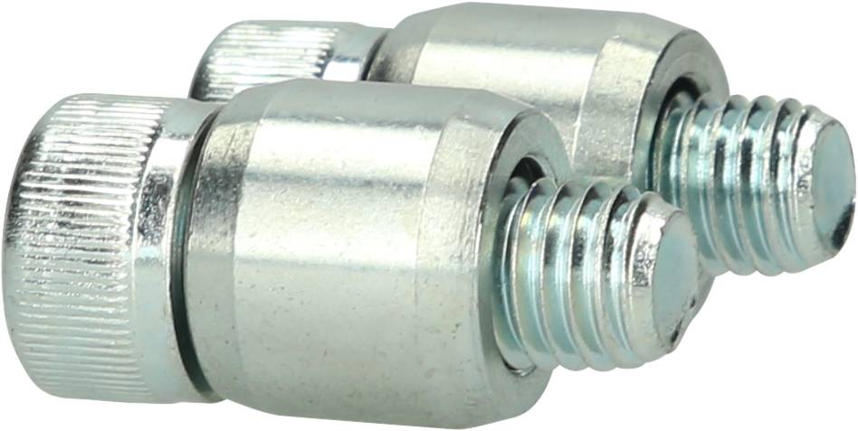Zwei silberne Metalldübel mit gerändeltem Kopf liegen nebeneinander. Sie haben Sichtgewinde und scheinen für mechanische Befestigungen geeignet.