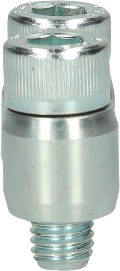 Ein silbernes Metallteil mit einem geriffelten oberen Bereich und einem Gewinde am unteren Ende, das möglicherweise ein Adapter ist.
