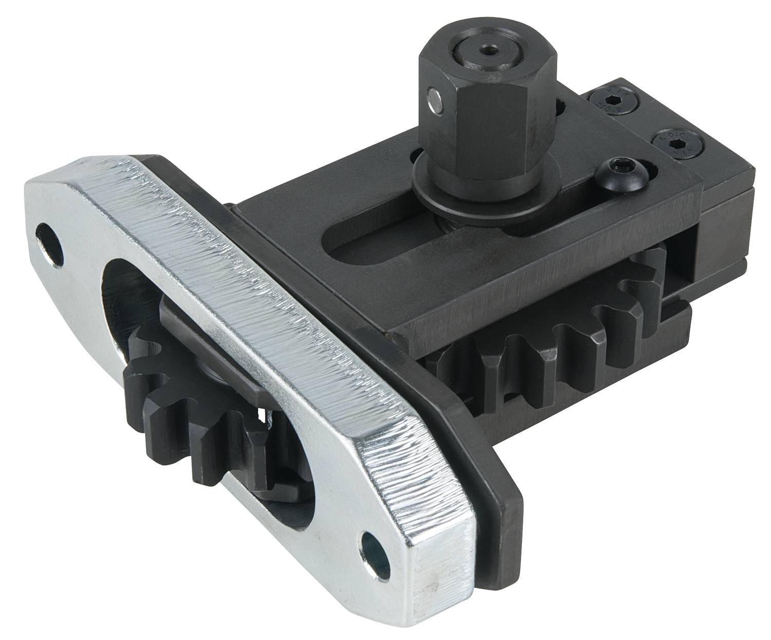 Ein schwarzes mechanisches Teil mit Metallschienen und einem zylindrischen Aufsatz. Verwendet zur Einstellung oder Verbindung in Maschinen.