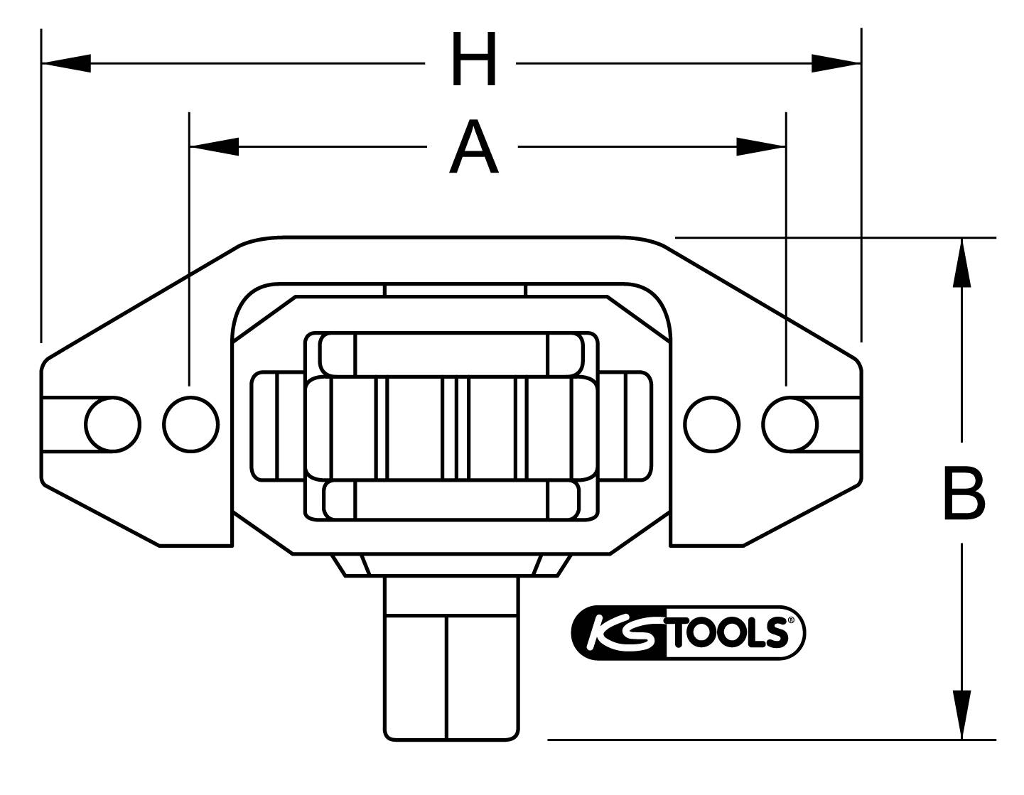Technische Zeichnung eines Werkzeugs mit Maßangaben A, B und H. KS TOOLS-Logo sichtbar.