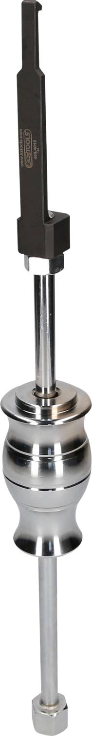 Ein silbernes mechanisches Werkzeug mit mehreren Abschnitten und schwarzen Griffen, vertikal ausgerichtet.