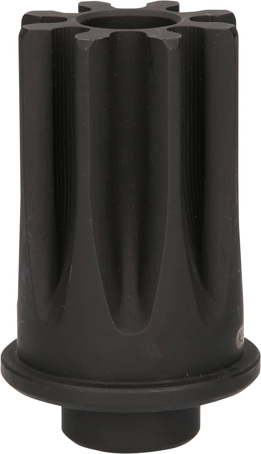 Ein schwarzes, zylinderförmiges Metallteil mit geriffelter Oberfläche.